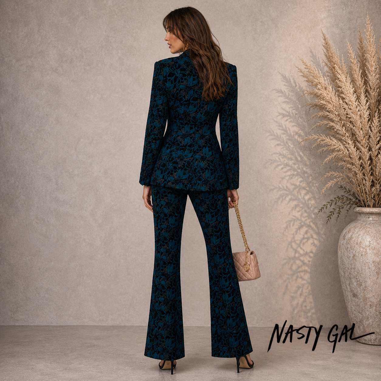 Nasty Gal Green Floral Devore Tailored Trouser Suit UK 6