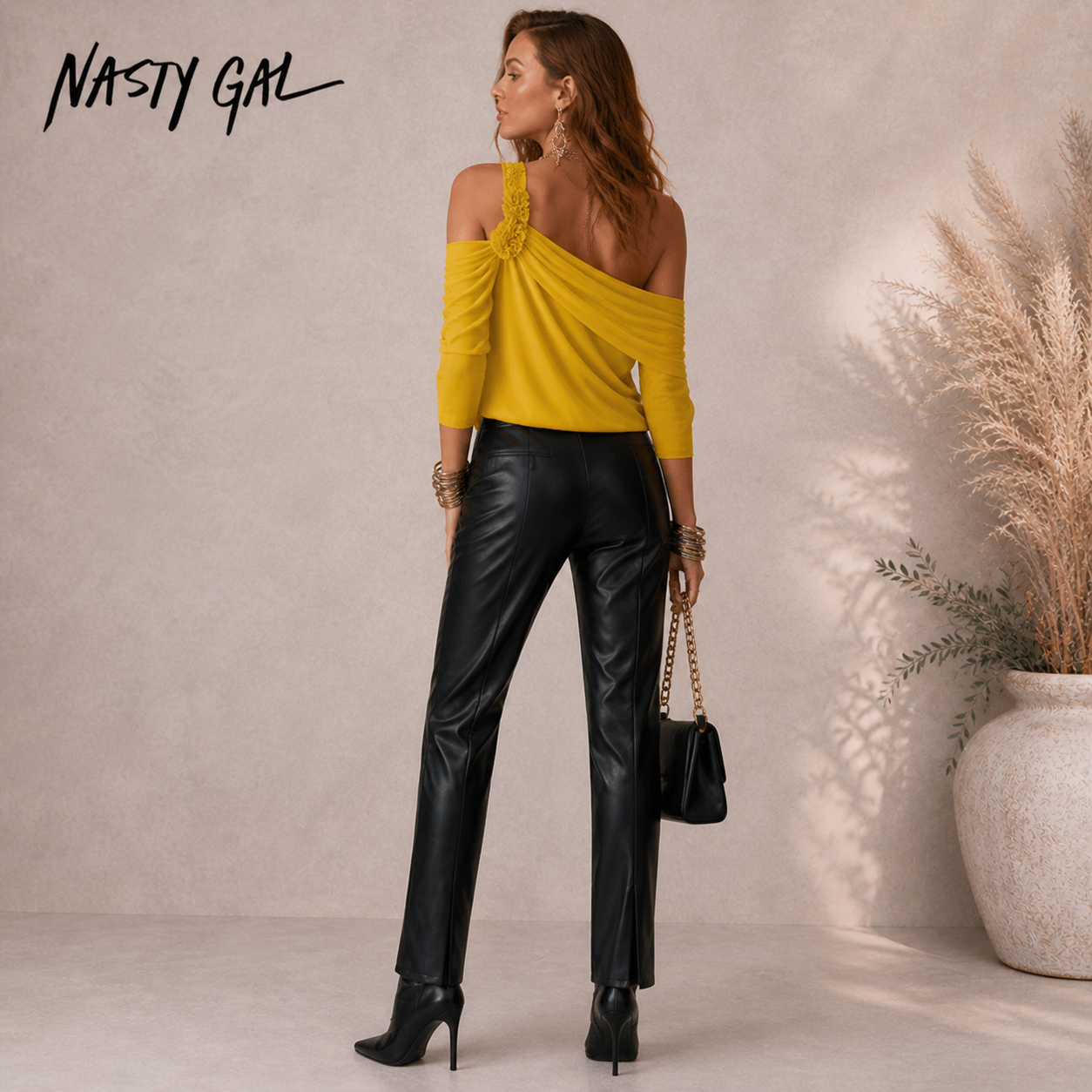 Nasty Gal Black Split Front Faux Leather Trousers UK 8