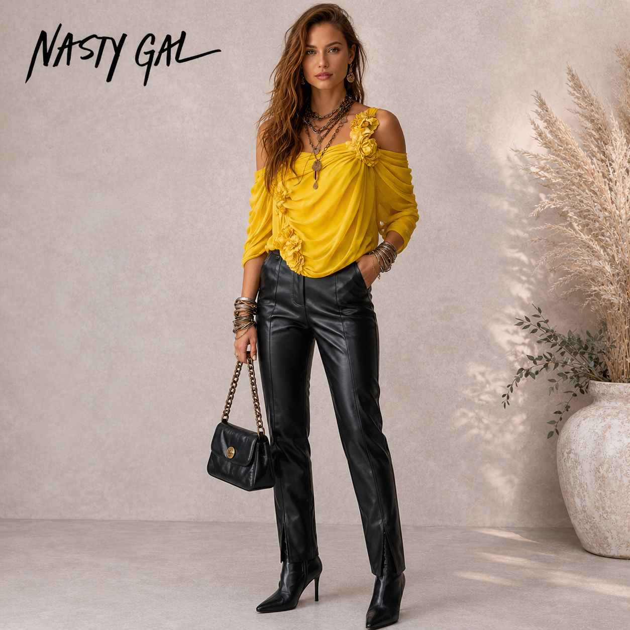 Nasty Gal Black Split Front Faux Leather Trousers UK 8