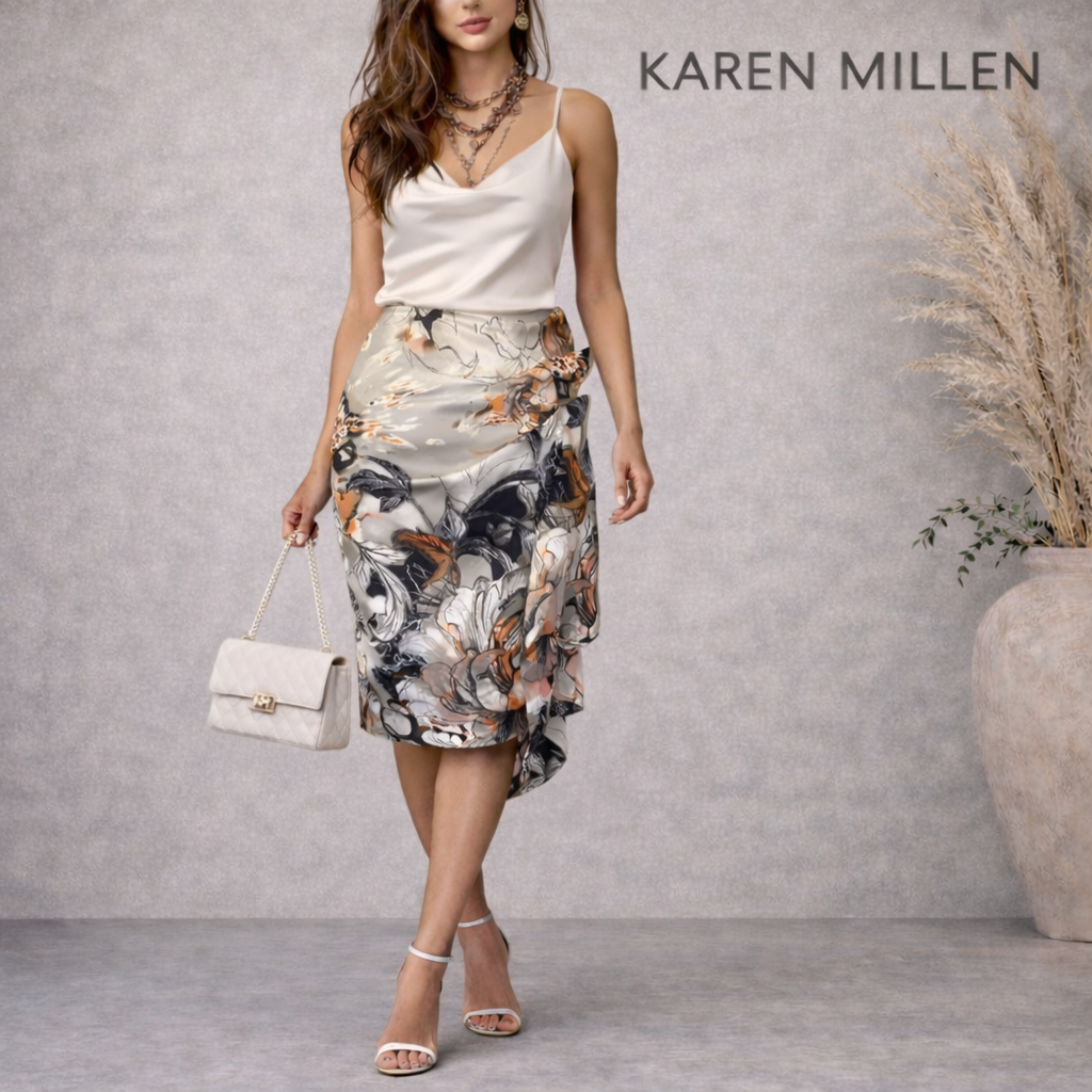 Karen Millen Grey Orange Floral Midi Pencil Skirt  UK 10
