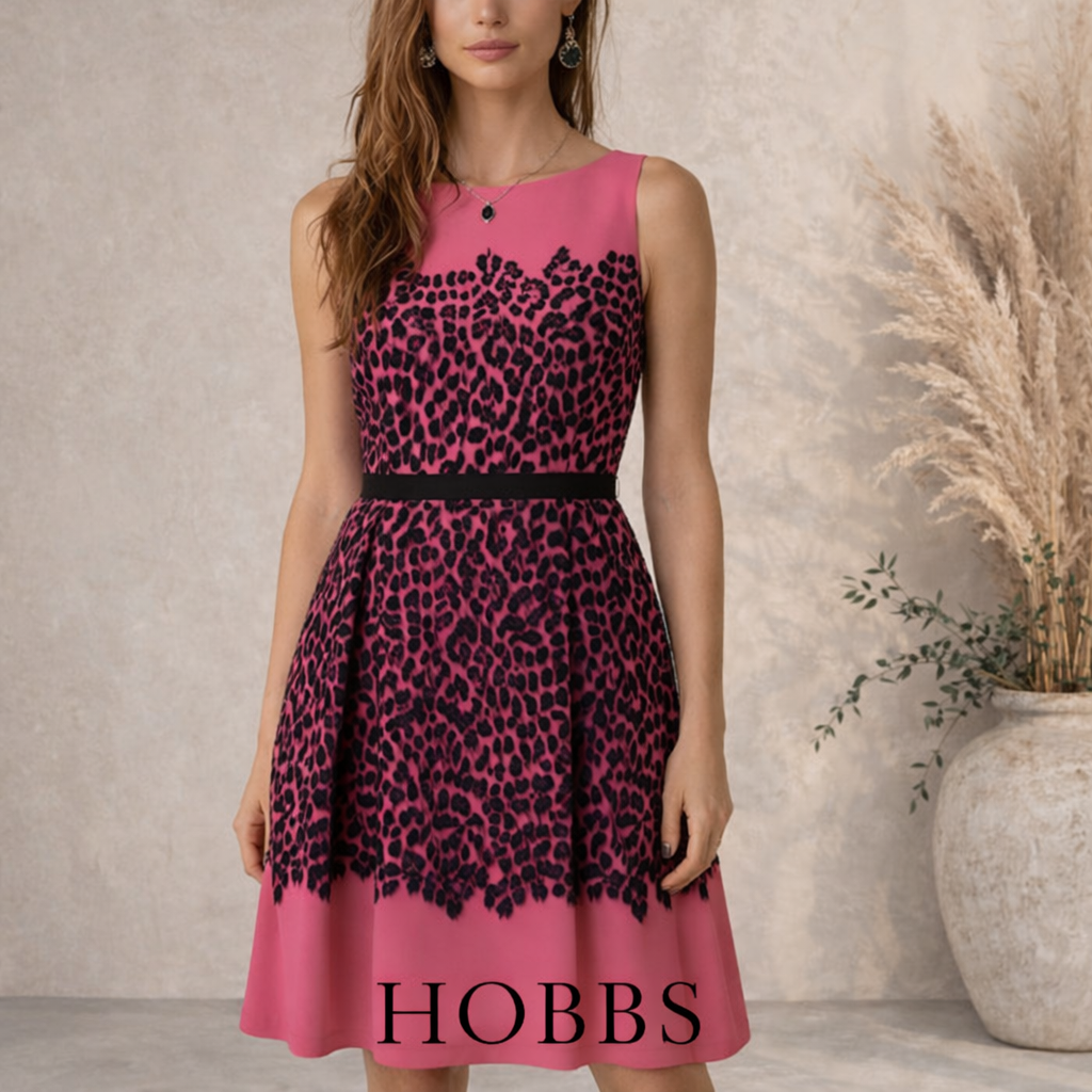 Hobbs Rose Petal Pink Black Animal Print Dress UK 10