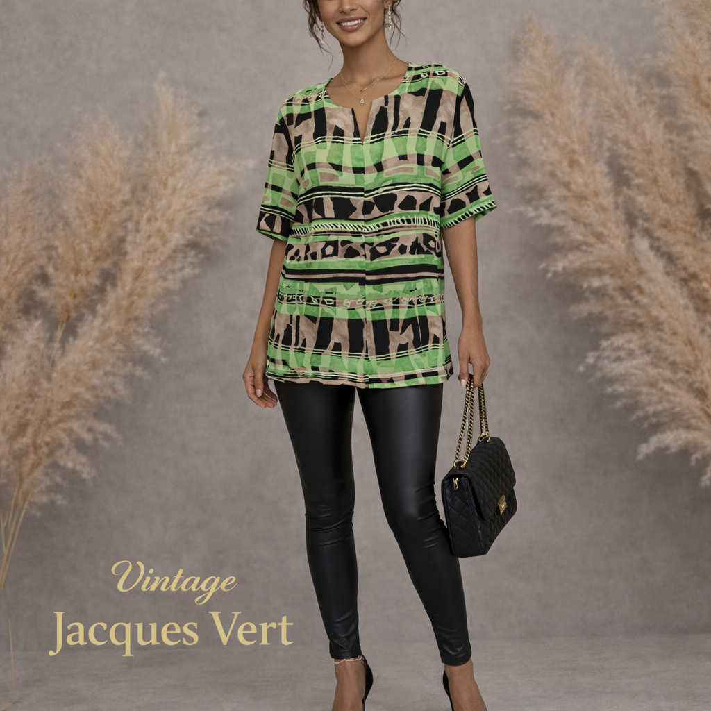 Jacques Vert Vintage Green Black Chiffon Top UK 12