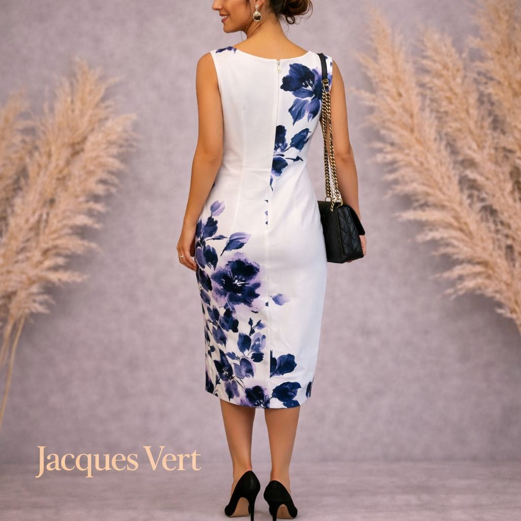 Jacques Vert Ivory Navy Lilac Floral Beaded Shimmer Dress UK 10