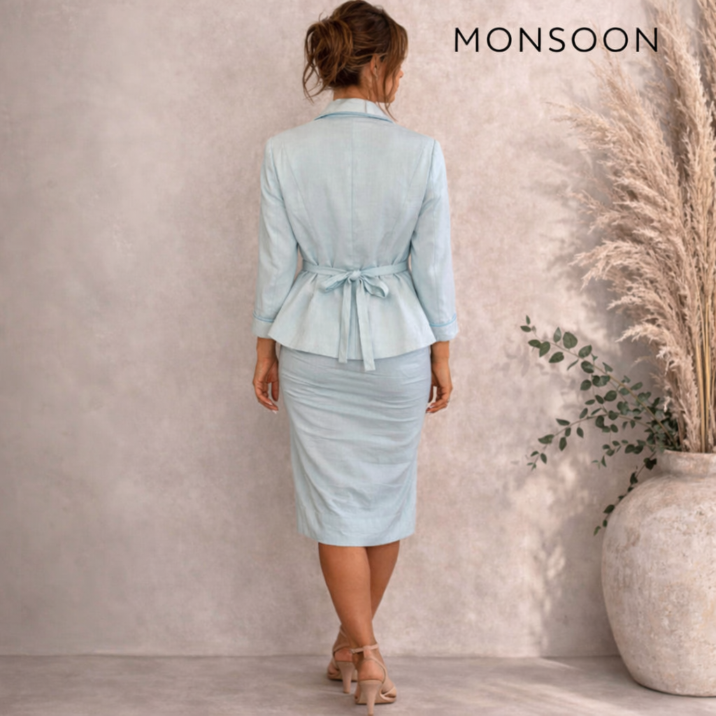 Monsoon Pale Blue Linen Silk Trim Jacket UK 14
