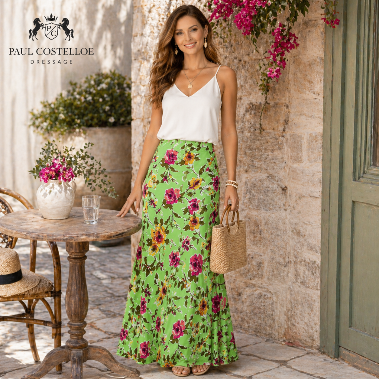 Paul Costelloe Dressage Lime Rose Floral Maxi Skirt  UK 12