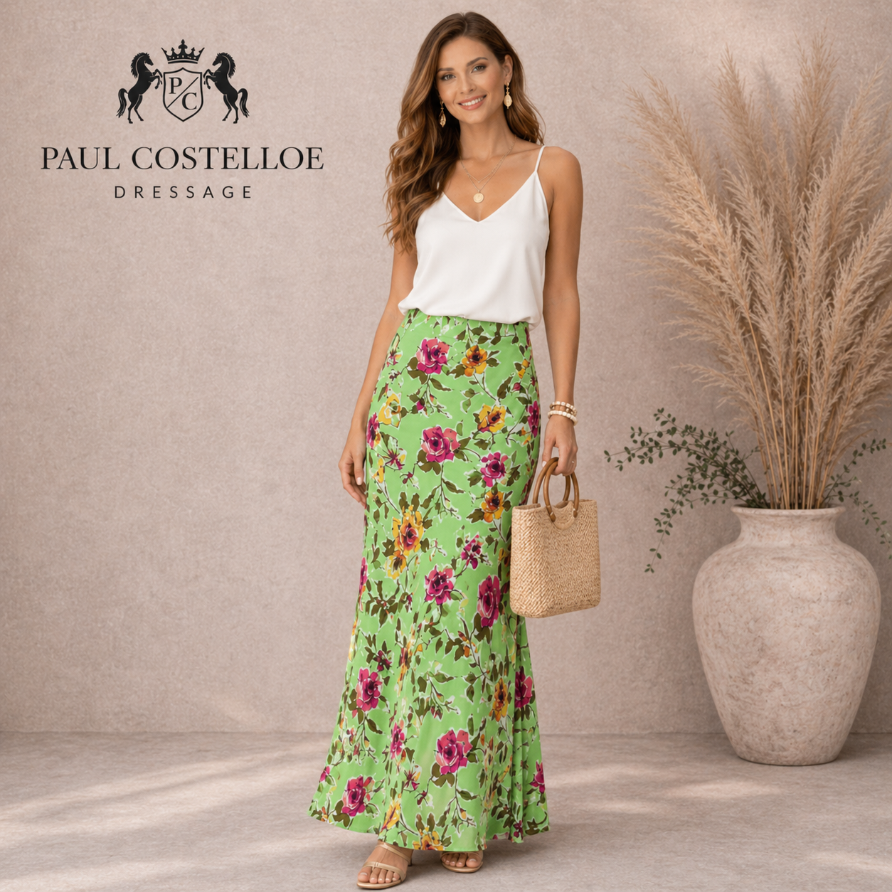 Paul Costelloe Dressage Lime Rose Floral Maxi Skirt  UK 12