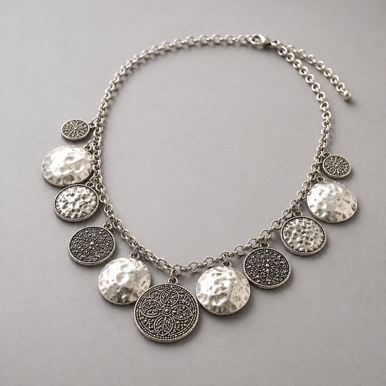 Vintage 1980's Beaten & Patterned Metal Disc Necklace