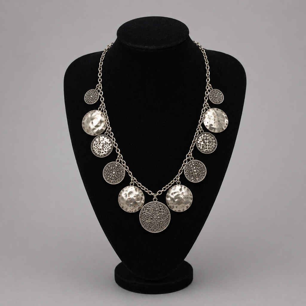 Vintage 1980's Beaten & Patterned Metal Disc Necklace