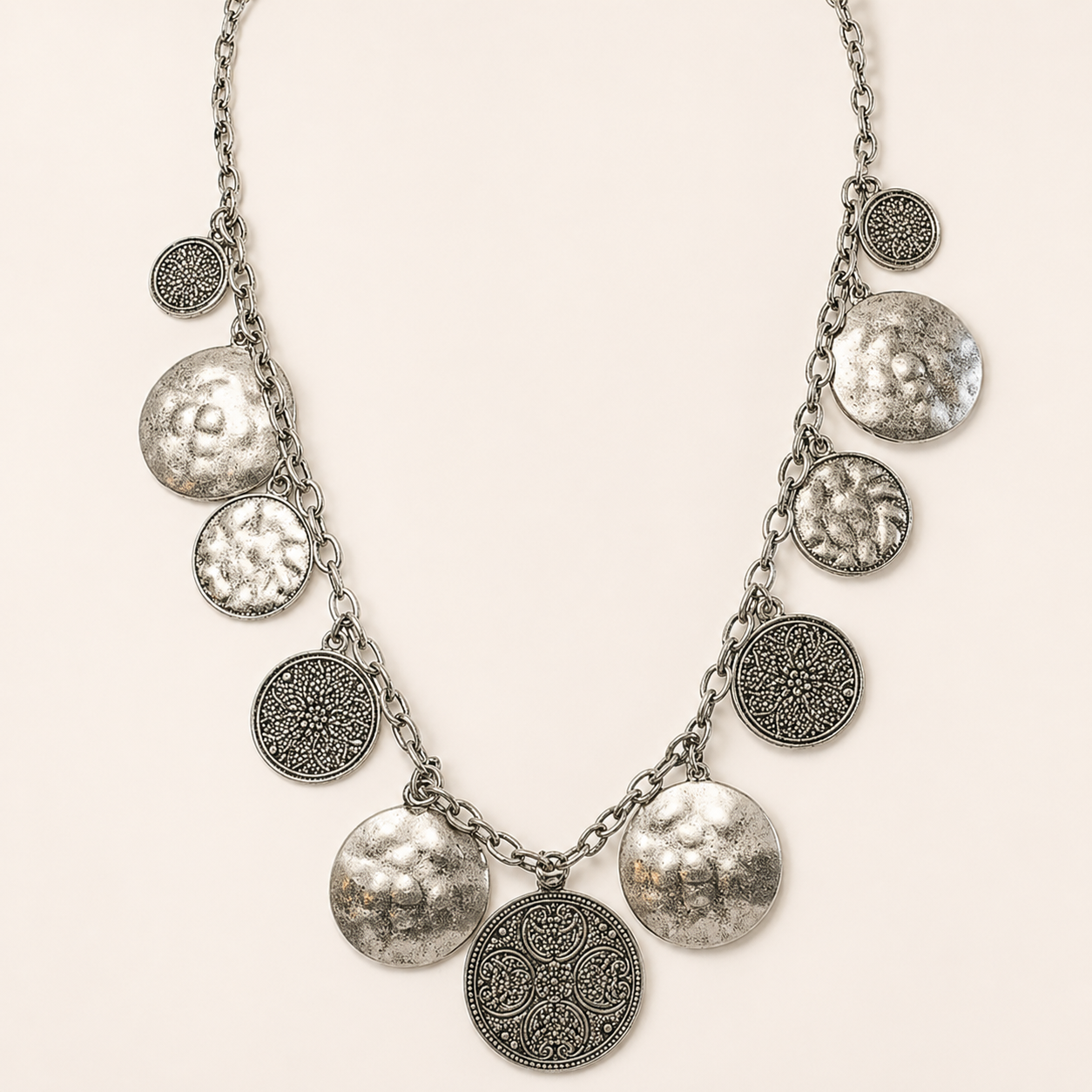 Vintage 1980's Beaten & Patterned Metal Disc Necklace