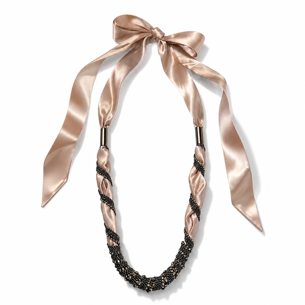 Peach Satin Chain & Diamante Tie Necklace