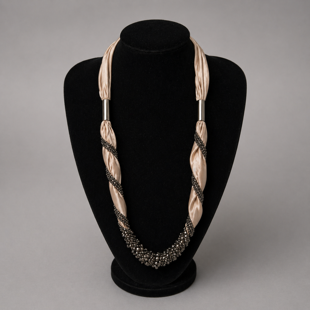 Peach Satin Chain & Diamante Tie Necklace