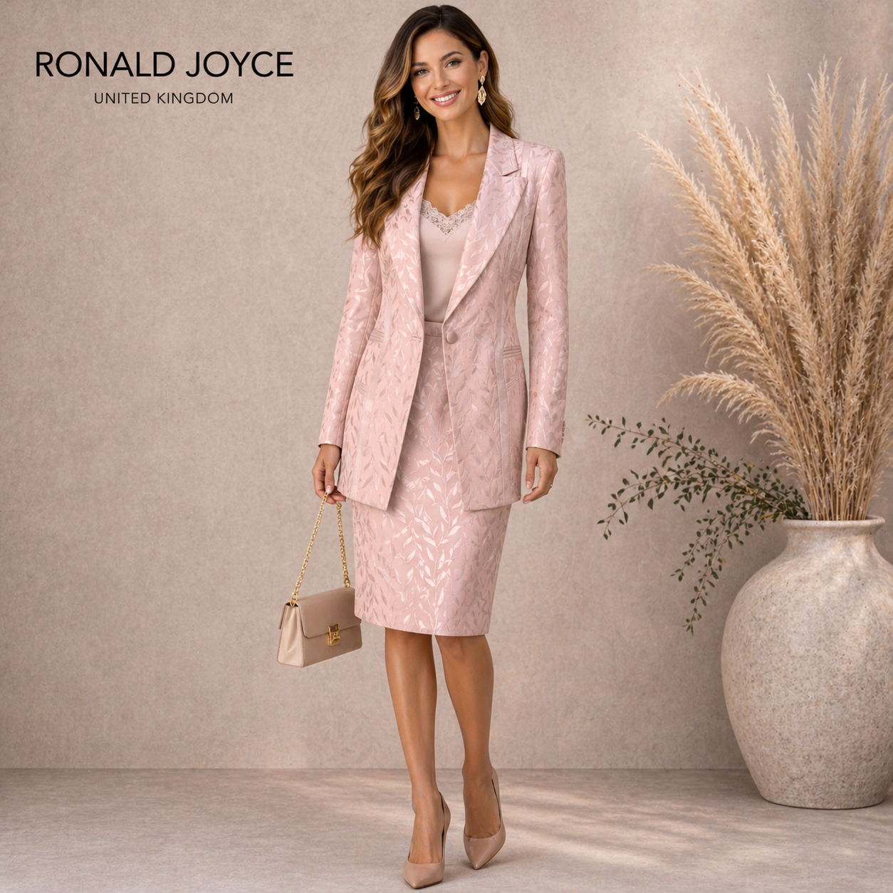 Ronald Joyce Vintage 1990's Baby Pink Silky Skirt Suit UK 14