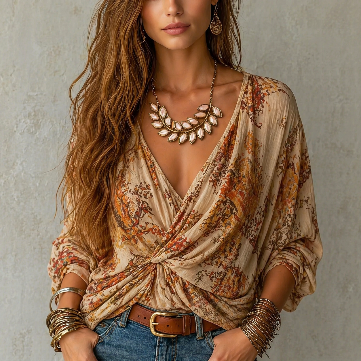 Creamy Peach Leaf Pattern Collar Statement Necklace
