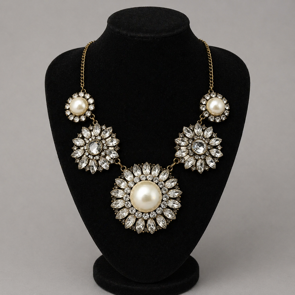 Unique Statement Rhinestones & Faux Pearls Necklace