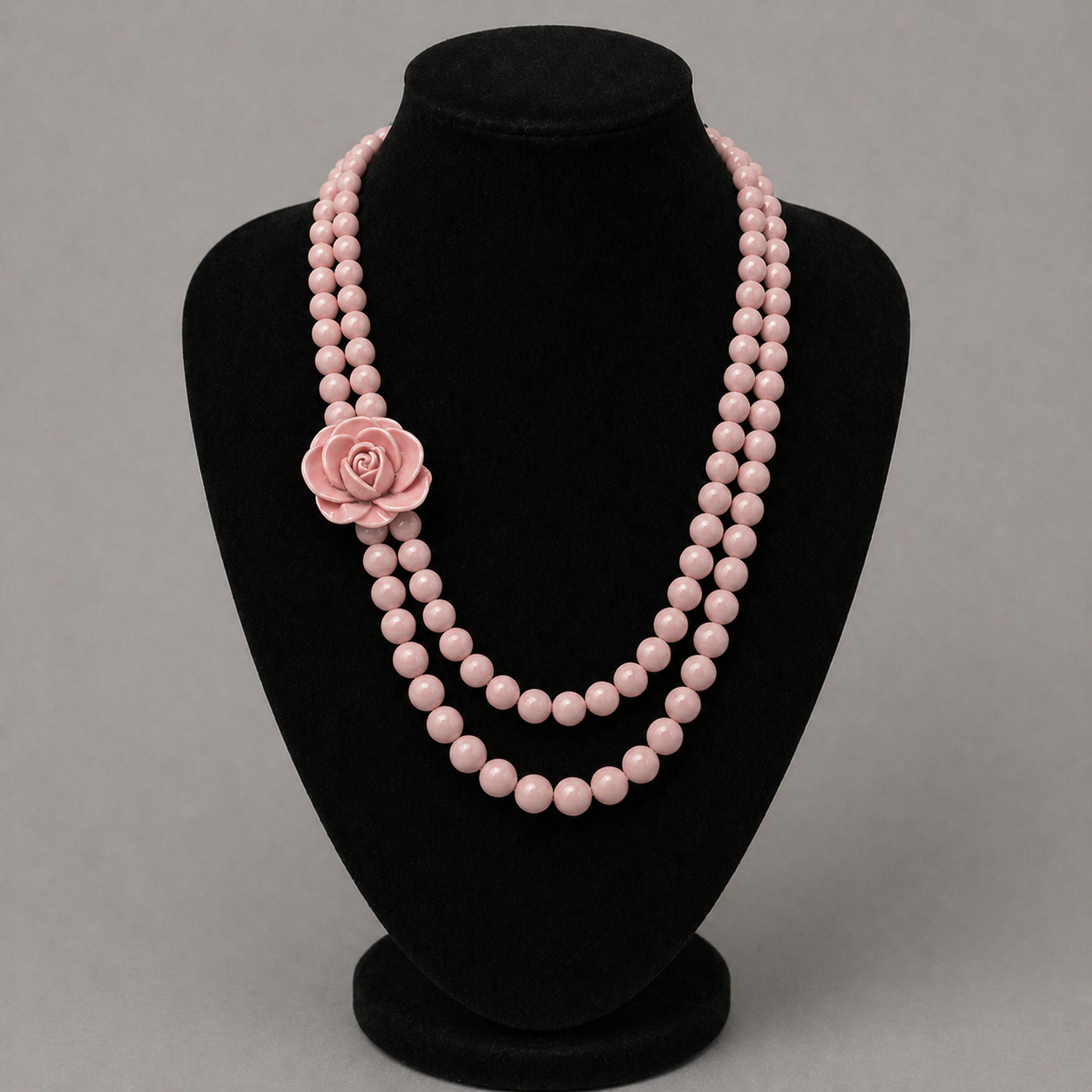 Vintage Two Strand Creamy Pink Beaded Rose Necklace