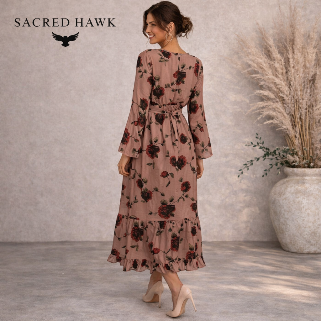 Sacred Hawk Brown Floral Chiffon Flare Sleeve Dress Size S