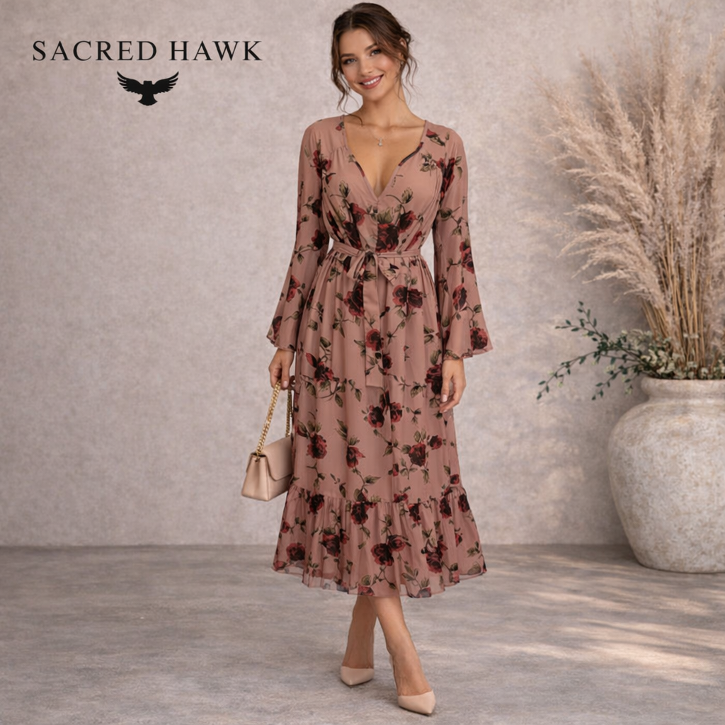 Sacred Hawk Brown Floral Chiffon Flare Sleeve Dress Size S