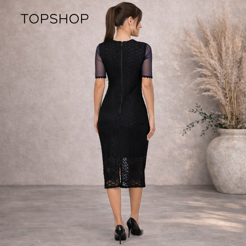 Topshop Navy Sheer Mesh Black Crochet Dress UK 10
