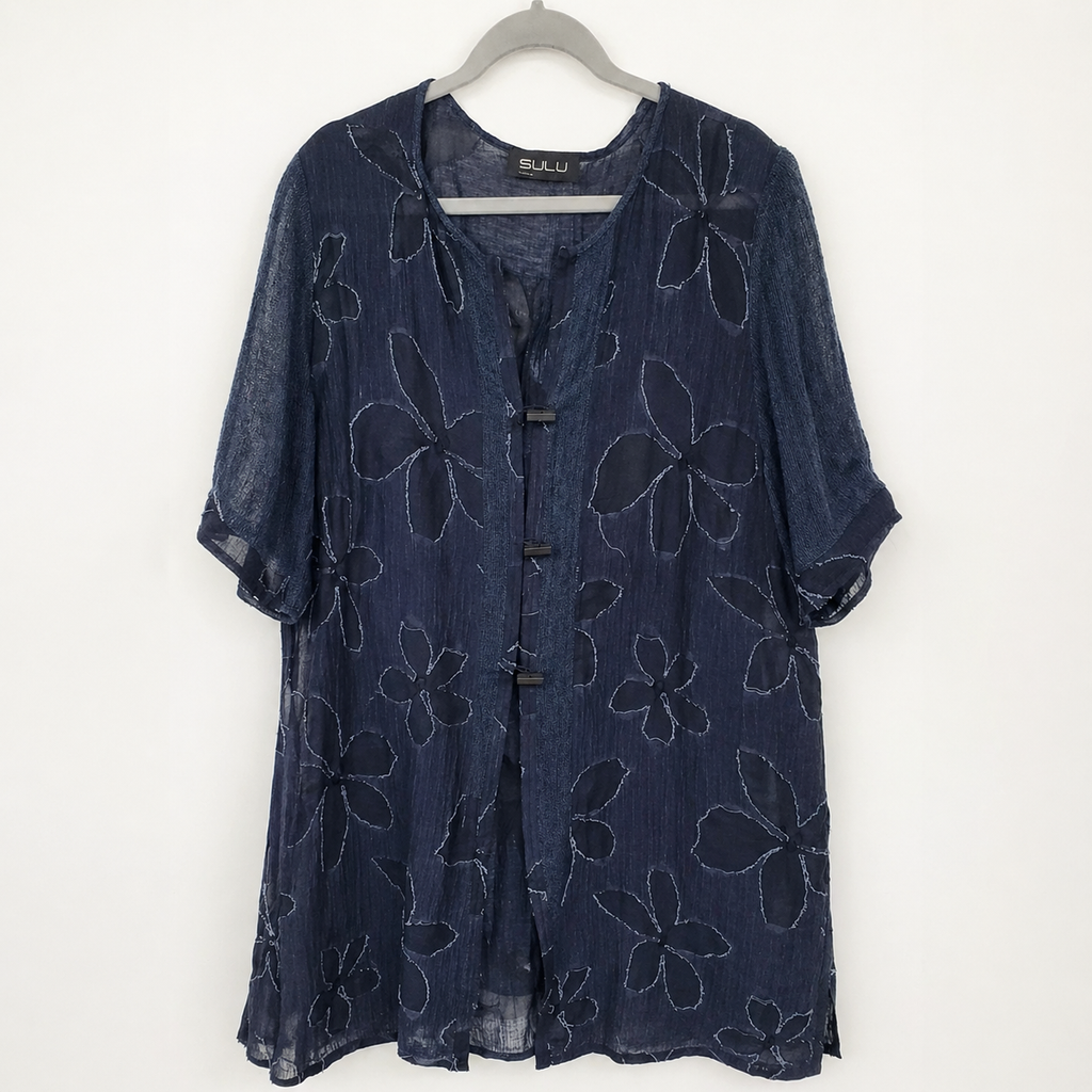 SULU Kerstin Bernecker Navy Linen Silk Tunic Top UK 10