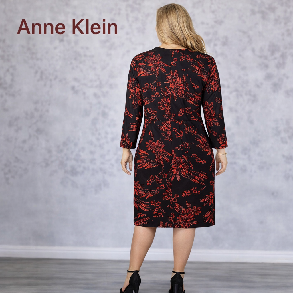 Anne Klein Red Black Floral Long Sleeve Faux Wrap Dress UK 18