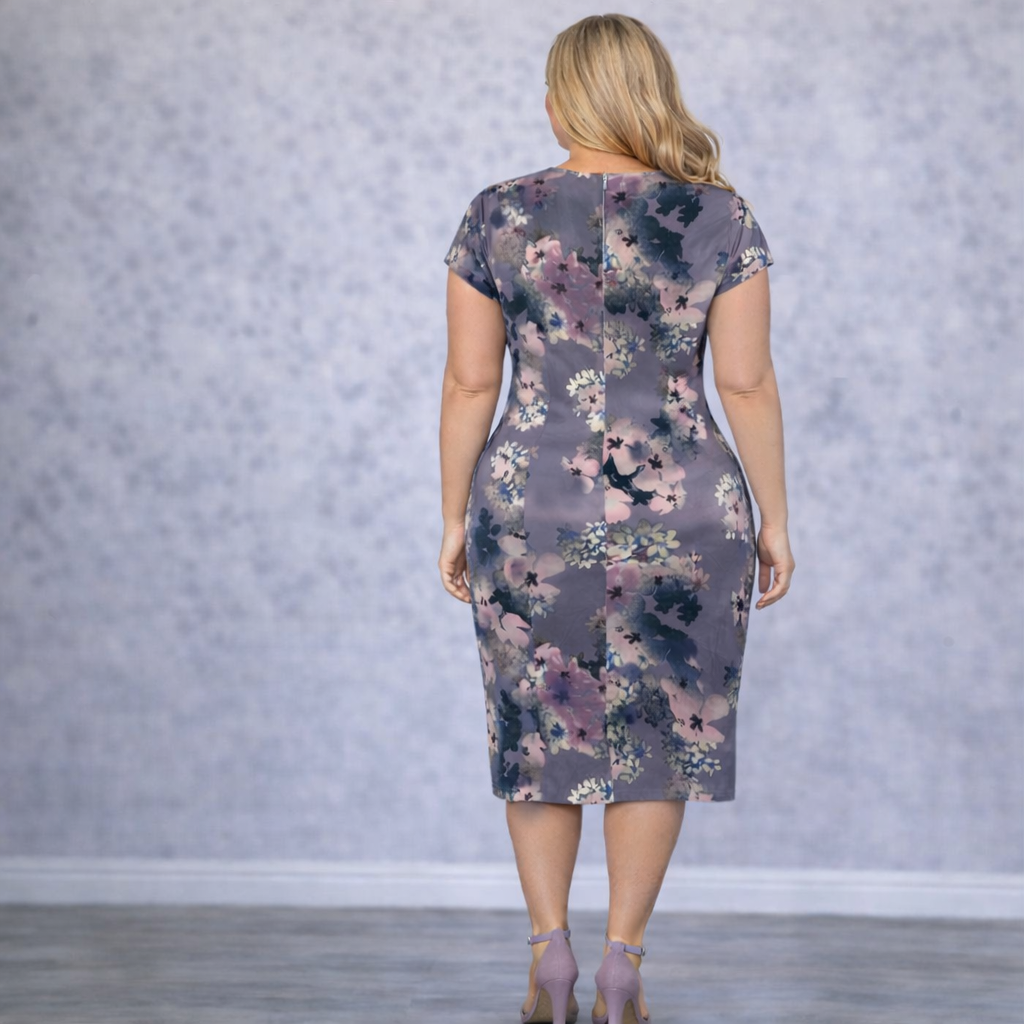 Monsoon Grey Purple Floral Cotton Dress UK 18
