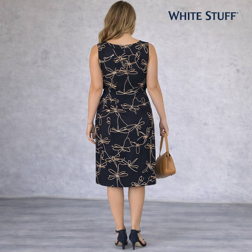 White Stuff Navy Cotton Embroidered Dragonfly Dress UK 16
