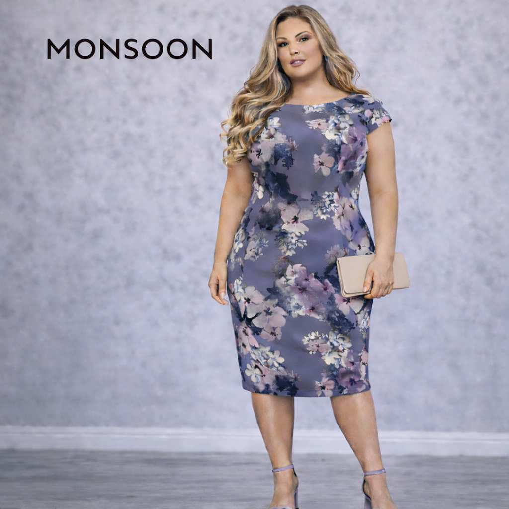 Monsoon Grey Purple Floral Cotton Dress UK 18