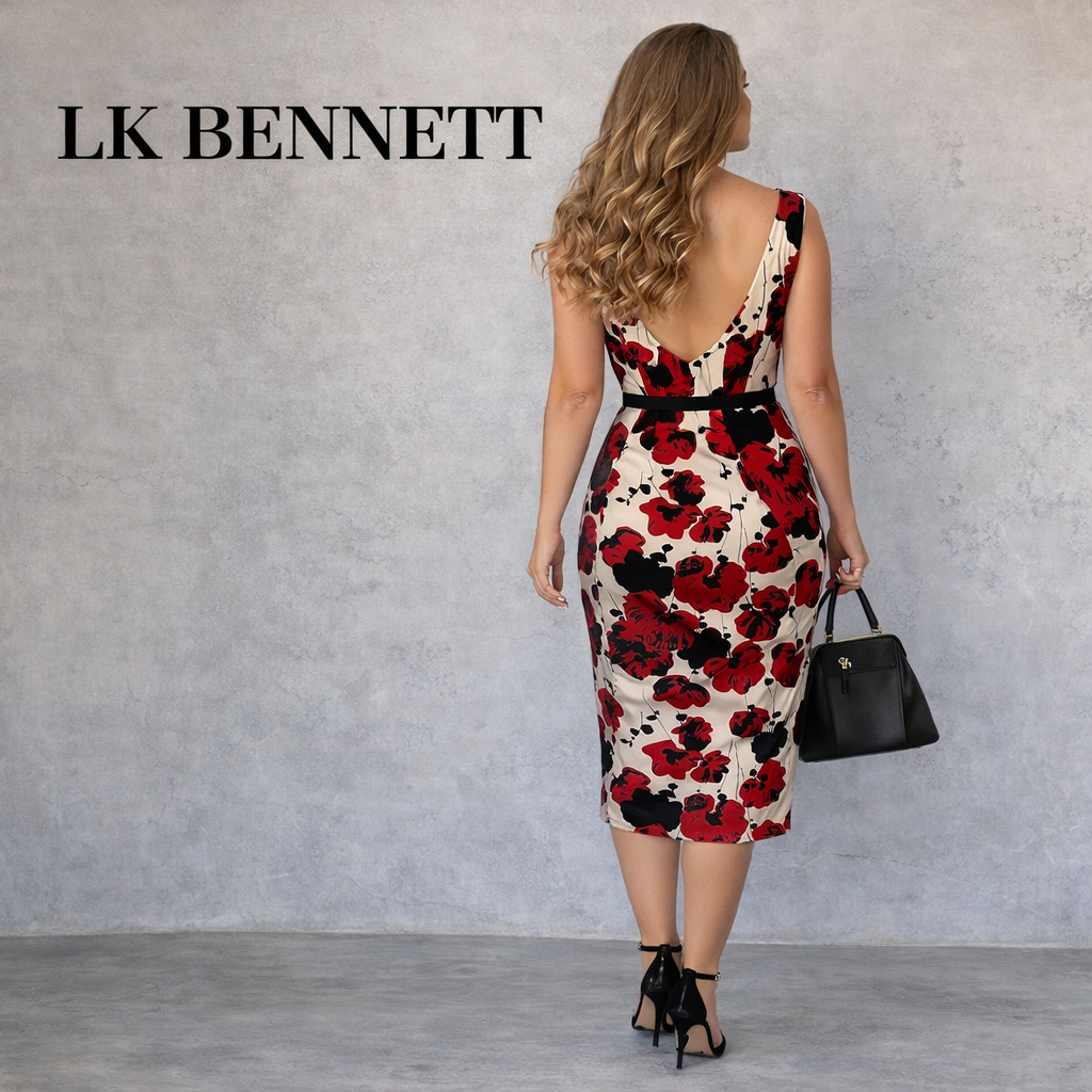 L.K. Bennett Silk Floral Dress, Reversible Velvet Wrap UK 16