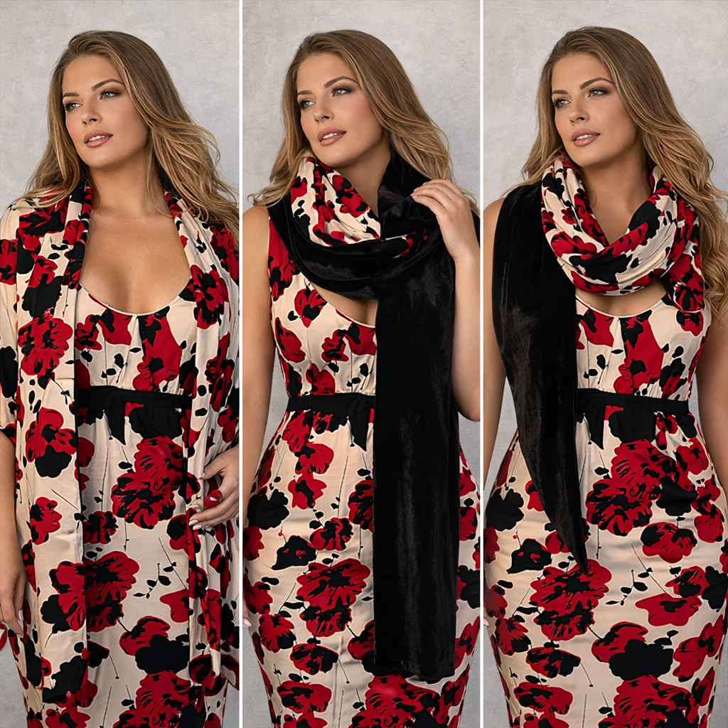 L.K. Bennett Silk Floral Dress, Reversible Velvet Wrap UK 16
