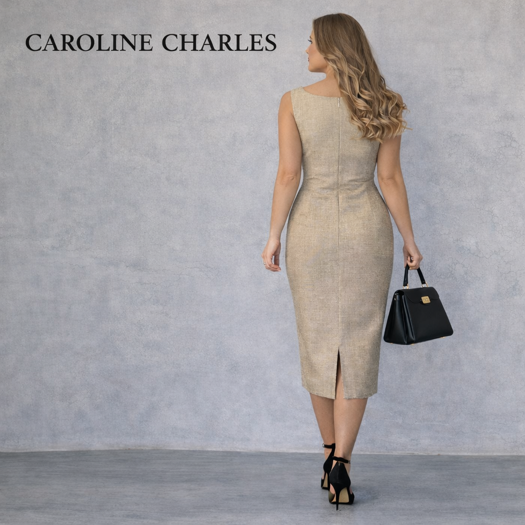 Caroline Charles Honey Gold Sleeveless Occasion Dress UK 16