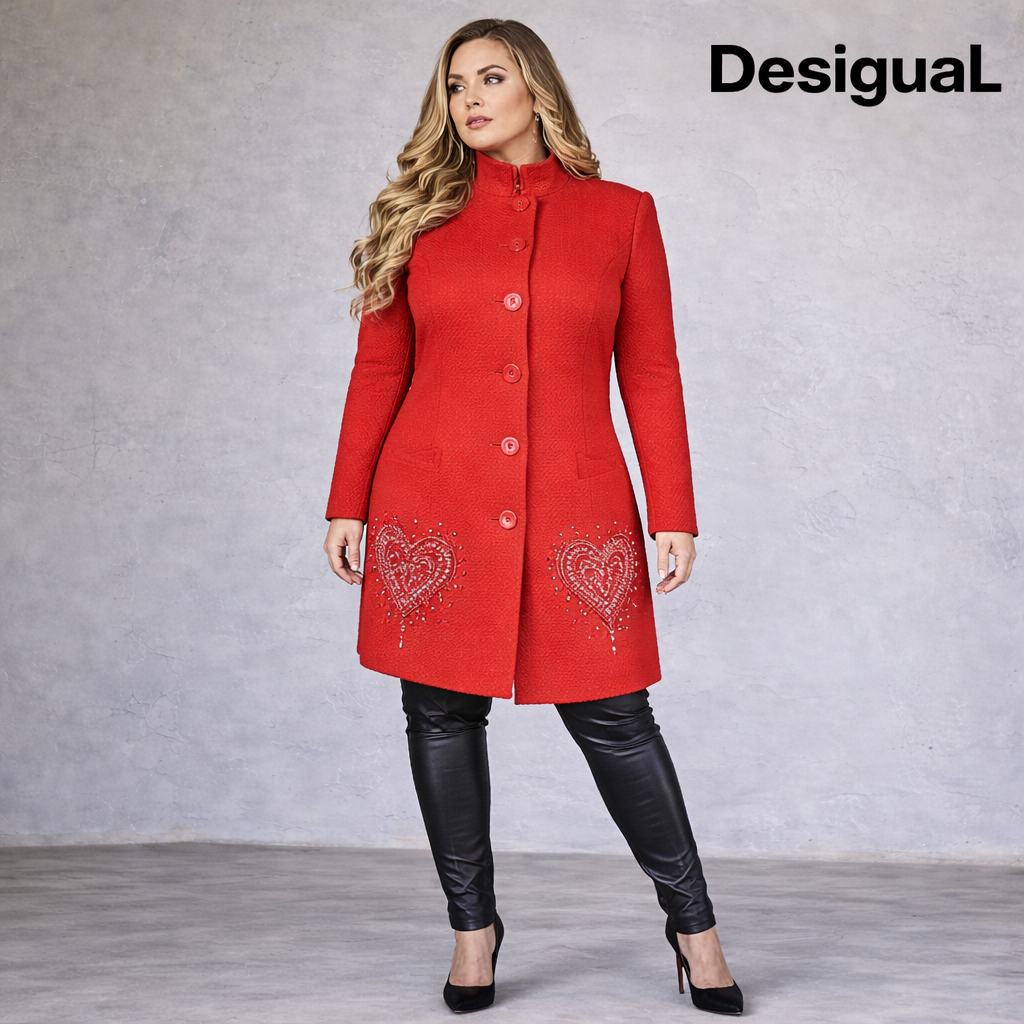 Desigual RARE Y2K Red Heart Embroidered Coat UK 18