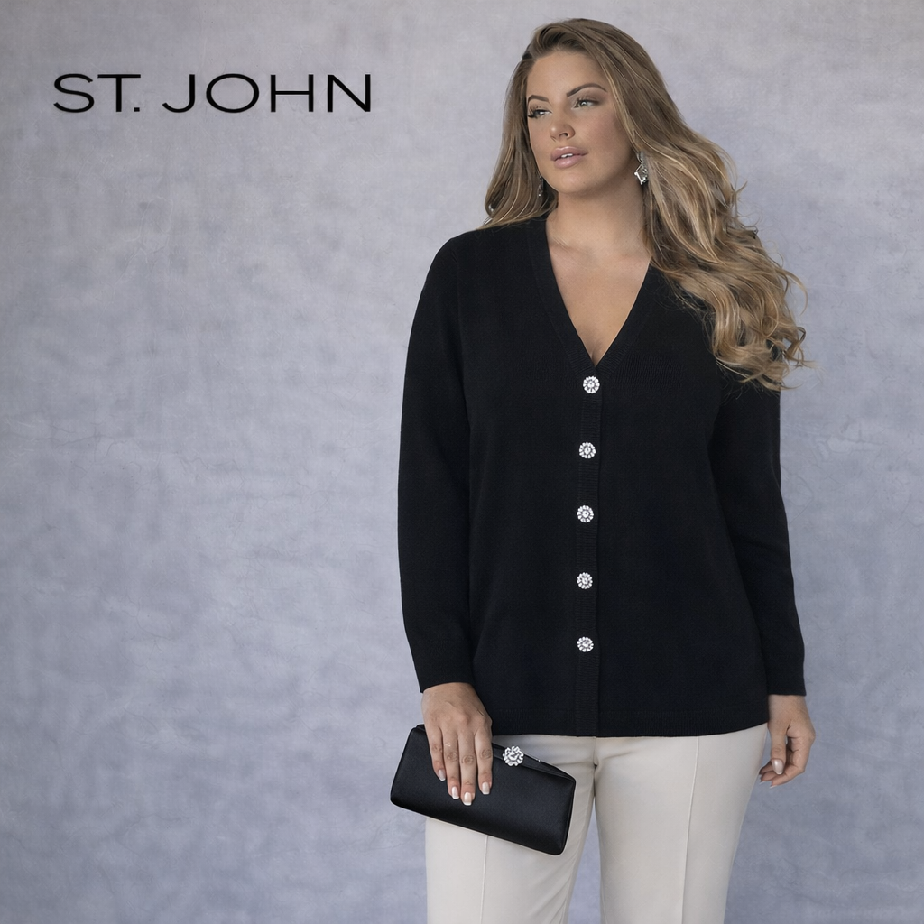 St John Vintage Black Wool Diamante Button Cardigan UK 16