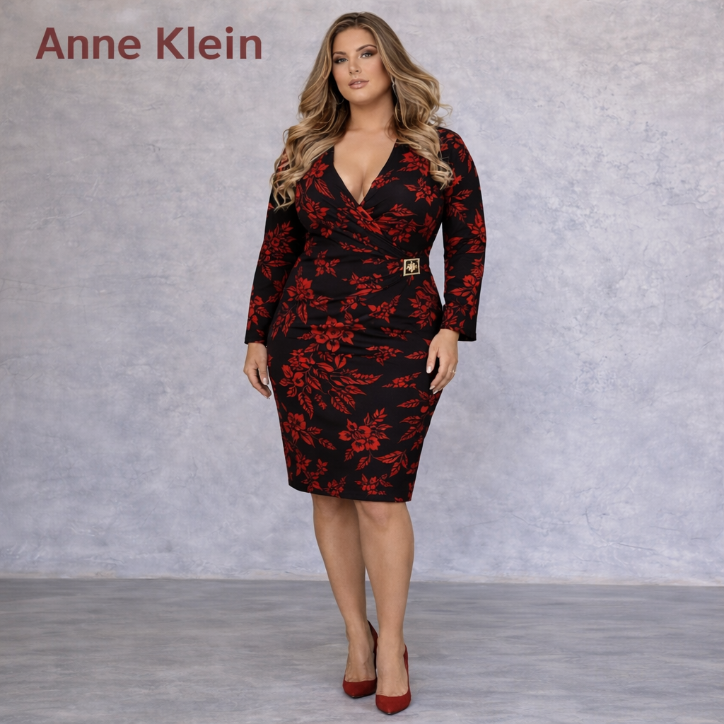 Anne Klein Red Black Floral Long Sleeve Faux Wrap Dress UK 18