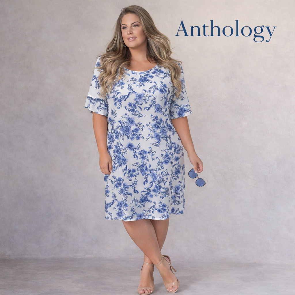 Anthology Blue White Silky Floral Dress UK 18