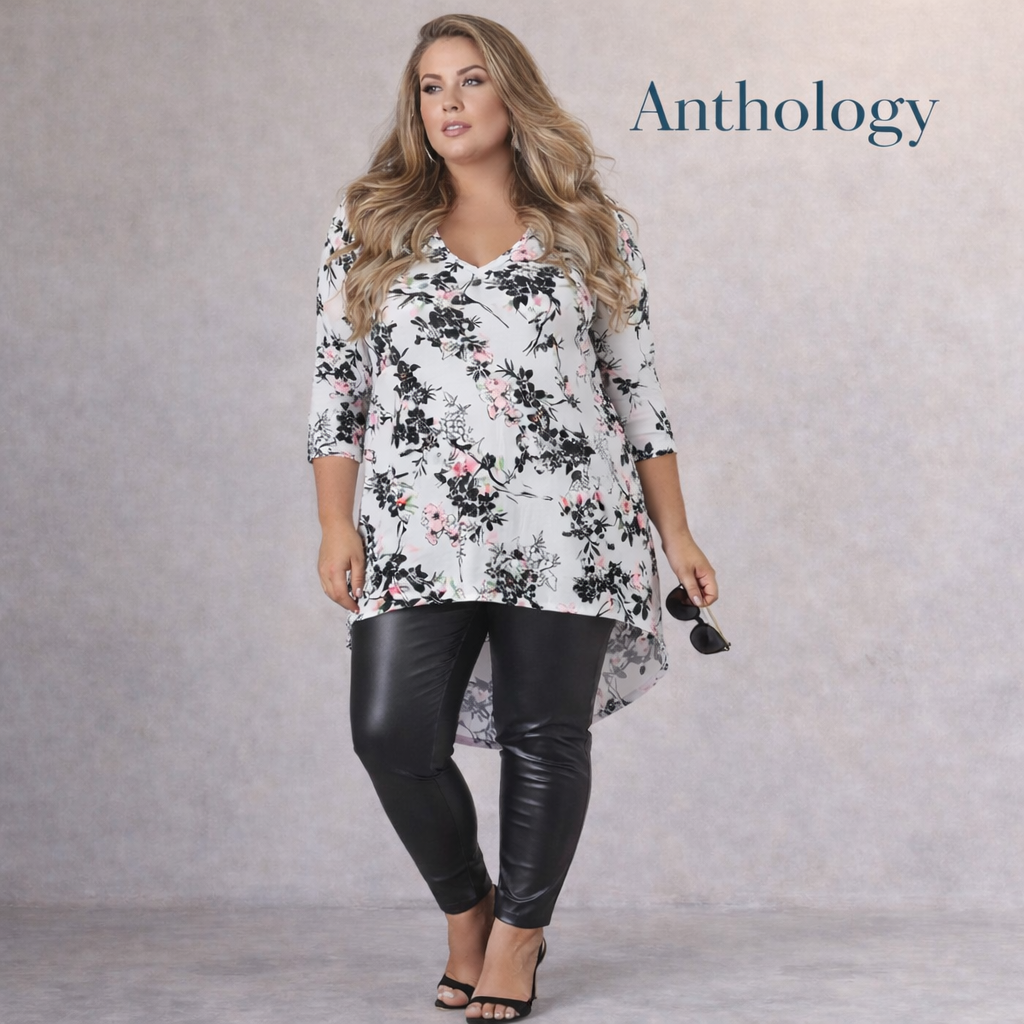Anthology Pale Grey Dipped Hem Floral Long Top UK 18