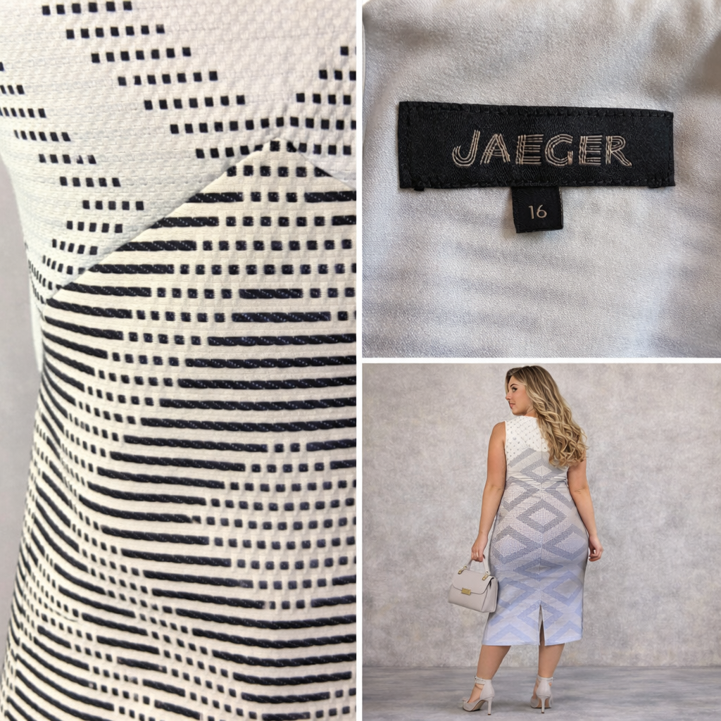 Jaeger Ivory Navy Diamond Textured Dress UK 16