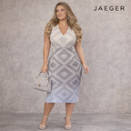 Jaeger Ivory Navy Diamond Textured Dress UK 16