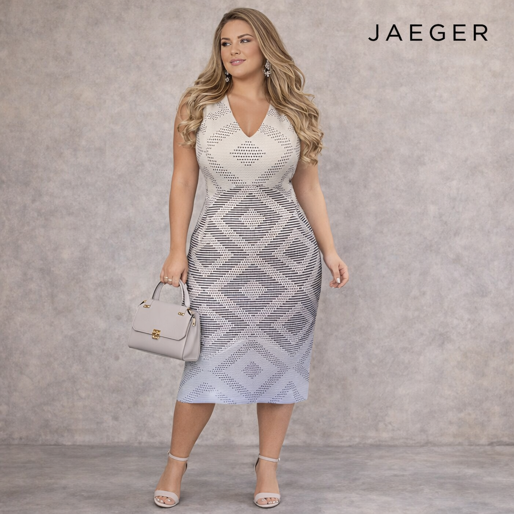 Jaeger Ivory Navy Diamond Textured Dress UK 16