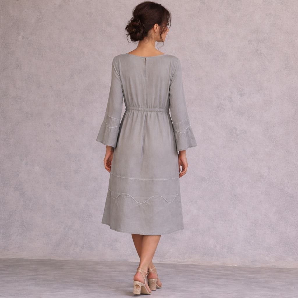 120% Lino Dove Grey Linen Long Sleeve Dress UK 12