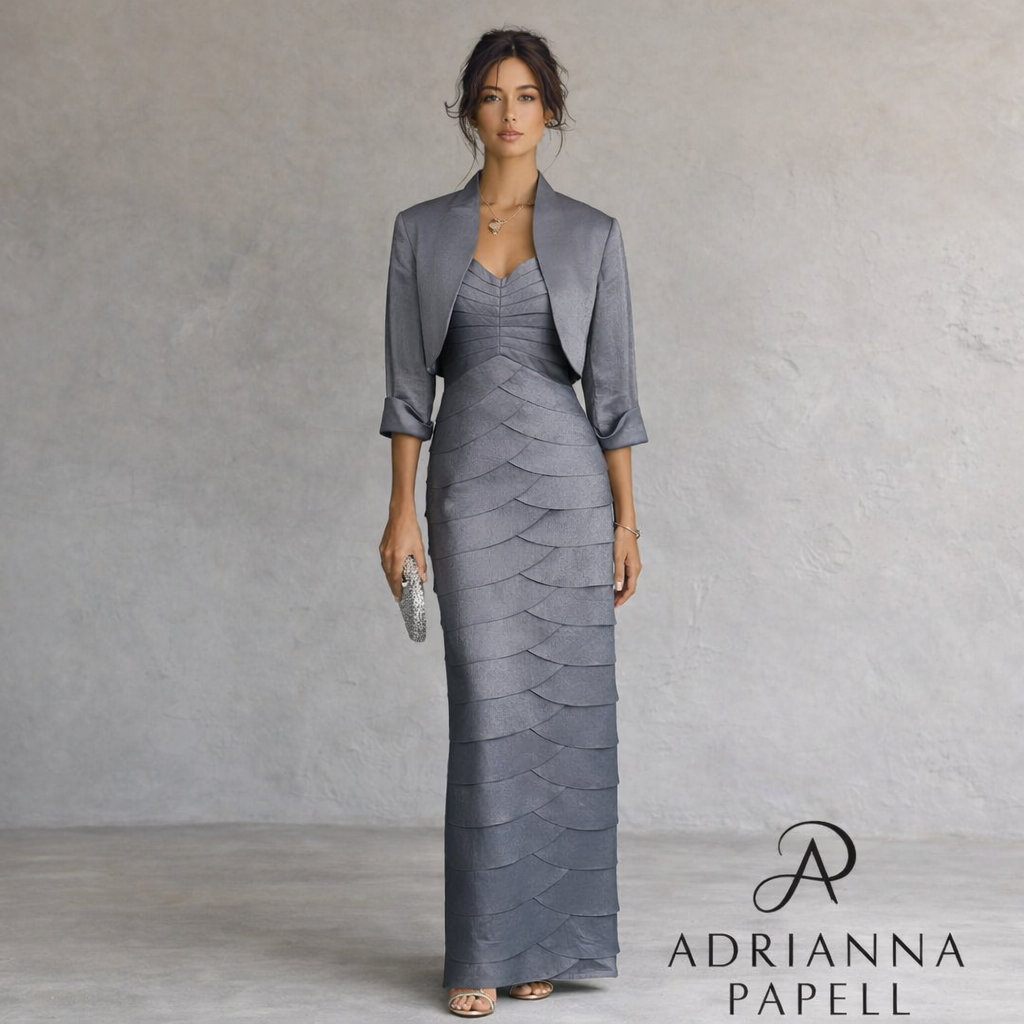 Adrianna Papell Grey Blue Tiered Maxi Dress & Bolero Jacket UK 10