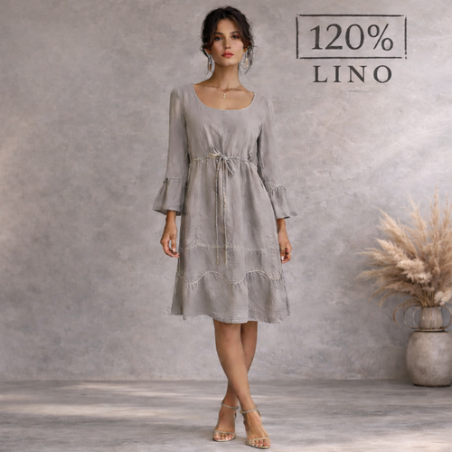 120% Lino Dove Grey Linen Long Sleeve Dress UK 12