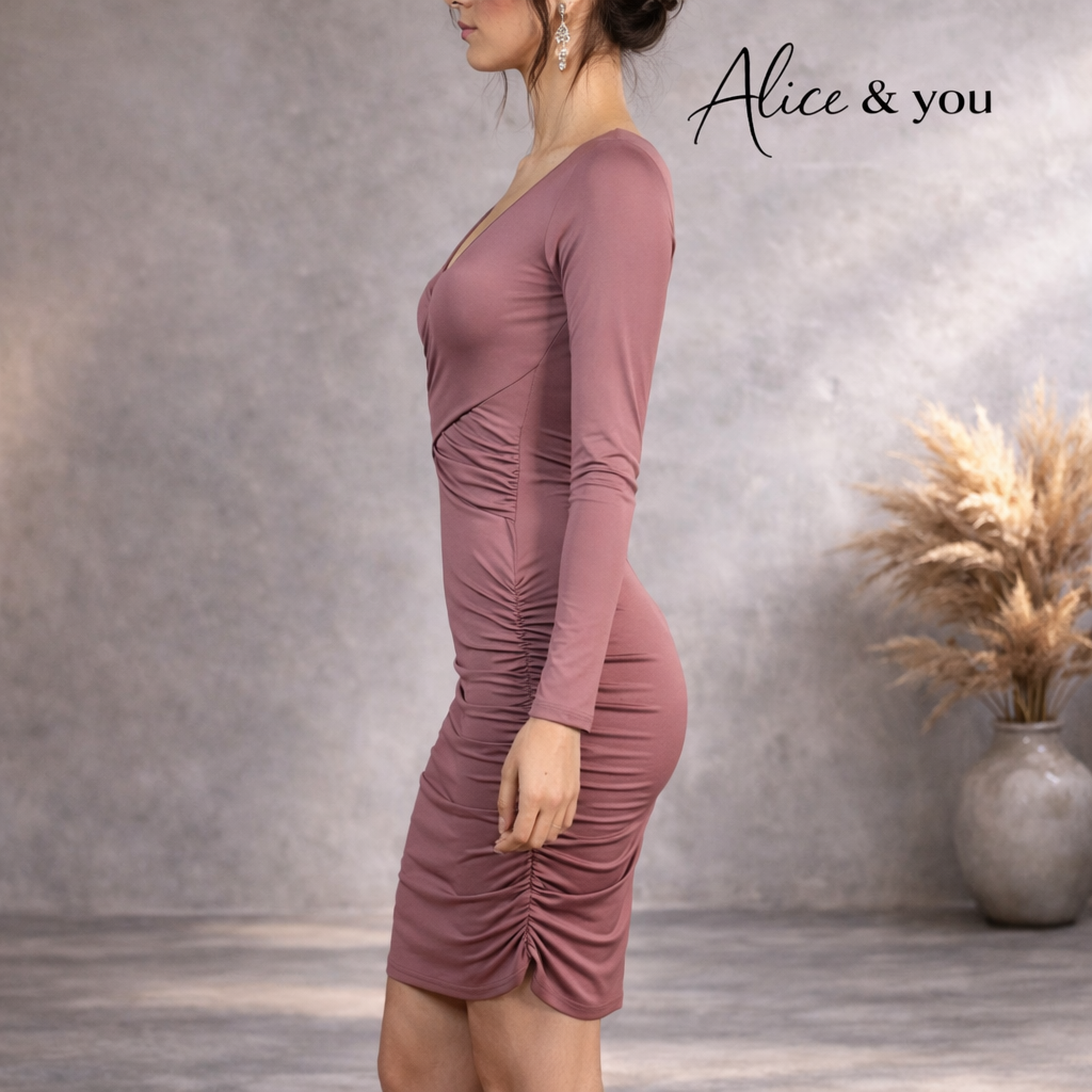 Alice & You Ruched Silky Dusky Pink Bodycon Dress UK 10