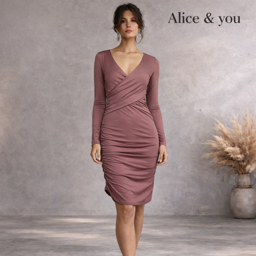 Alice & You Ruched Silky Dusky Pink Bodycon Dress UK 10