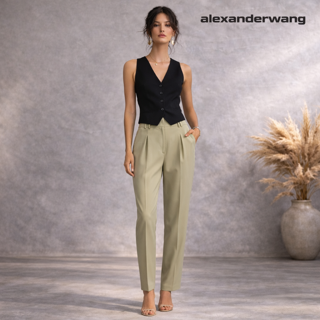 Alexander Wang Ecru High Waisted Tapered Pleated Trousers UK 6