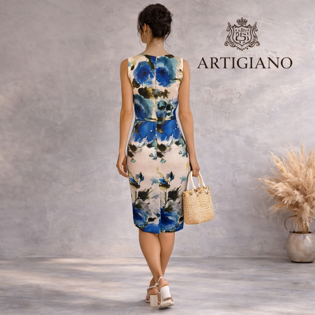 Artigiano Blue Green White Floral Pencil Dress UK 14