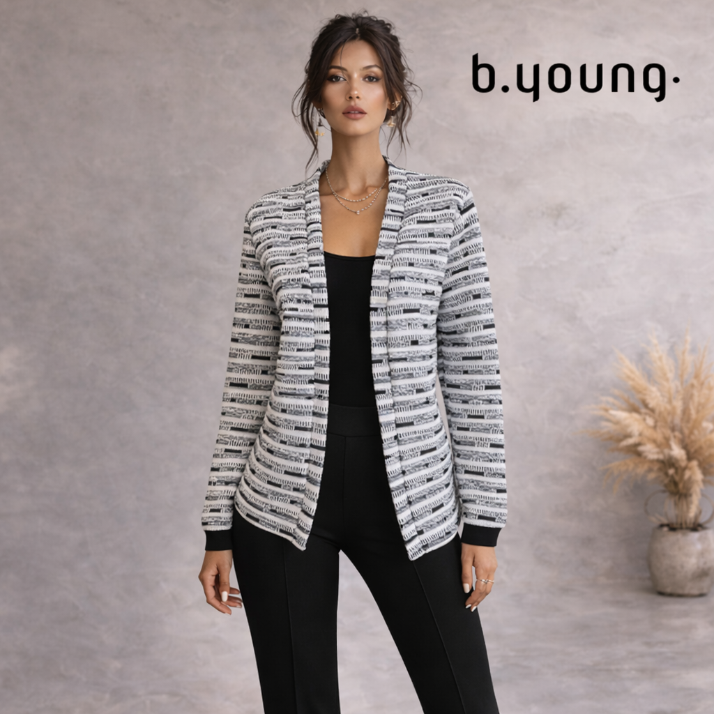 B.Young Ivory Blue Black Cotton Cardigan UK 10