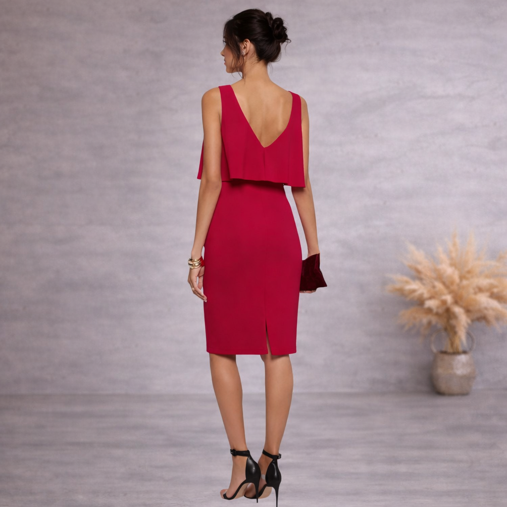Badgley Mischka Red Crepe Open Back Overlay Dress UK 10