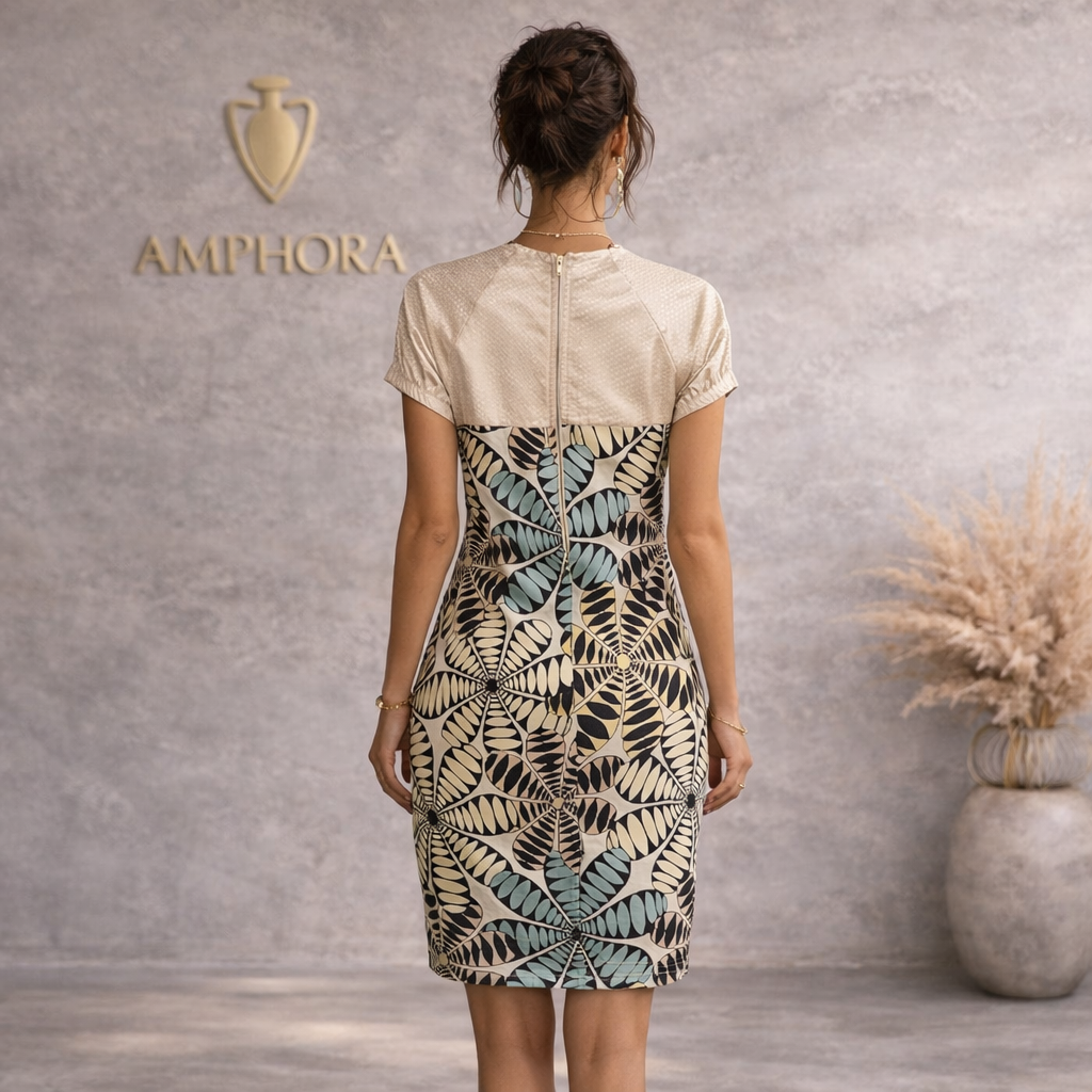 Amphora Cream Gold Black Yellow Green Silk Dress UK 10
