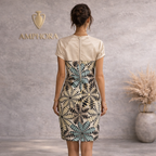 Amphora Cream Gold Black Yellow Green Silk Dress UK 10