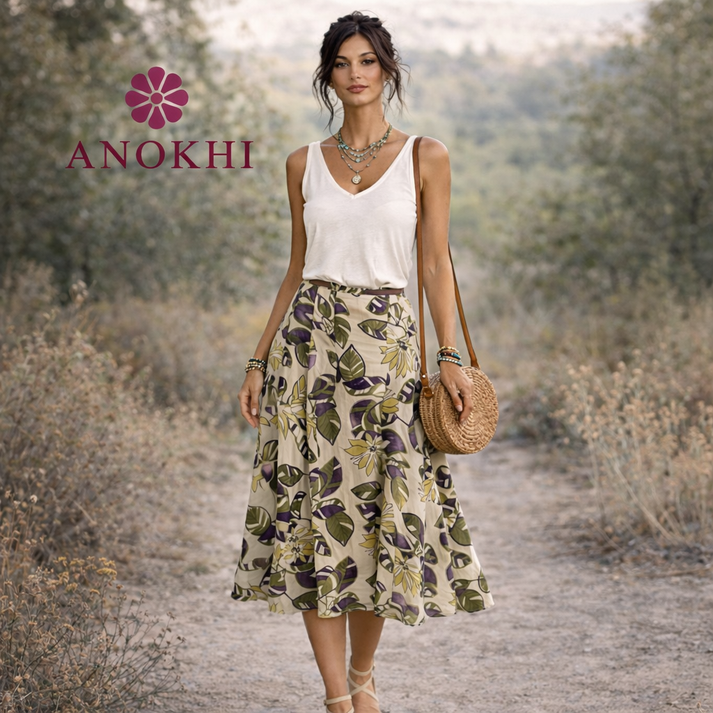 Anokhi For East Floral Tropical Leaf Indian Cotton Skirt UK 10